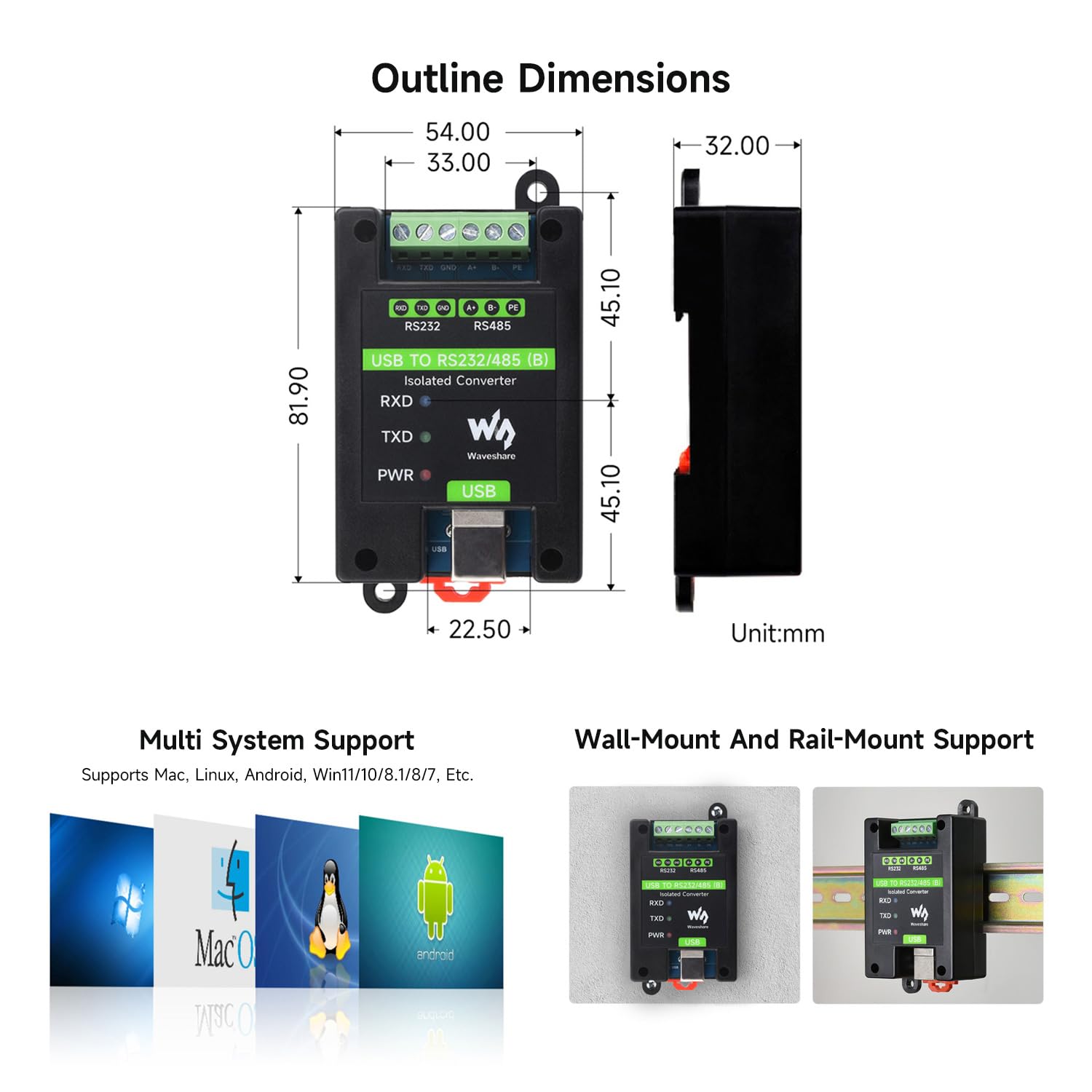 Waveshare USB To RS232/485 Industrial Grade Isolated Converter, Onboard Original FT232RNL Chip, Multiple Protection, Wall-Mount And Rail-Mount Support
