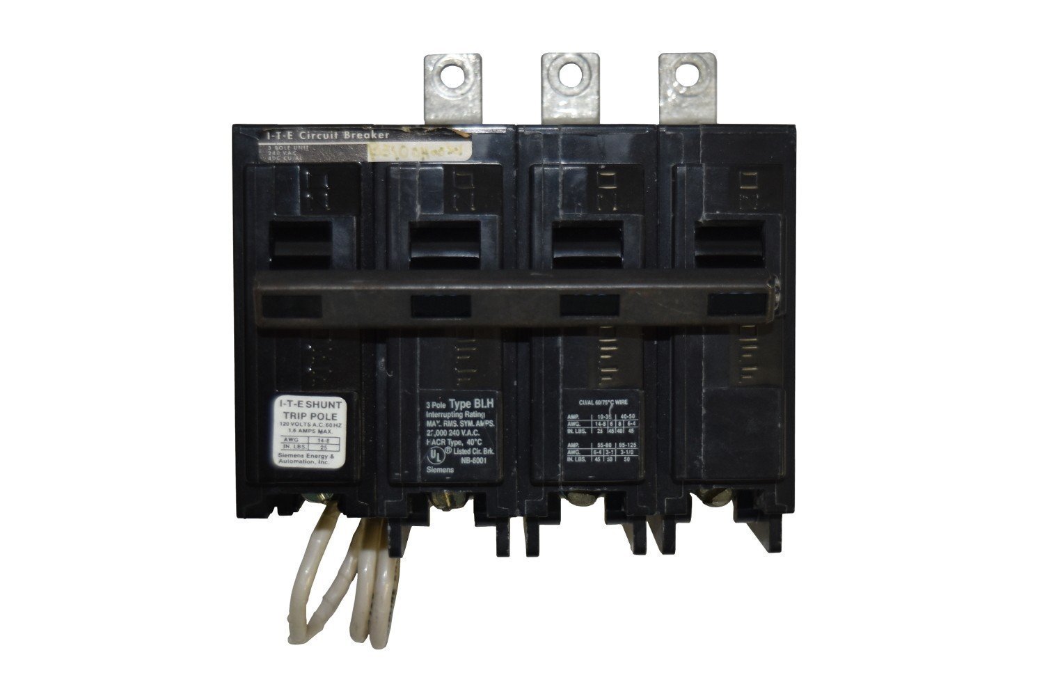 SIEMENS B340HH00S01 Breaker 40A 3P 240V 65K HBL 120V SHUNT, Black