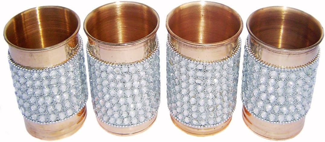 Rastogi Handicrafts Pure Copper Silver Crystal Studded Glass Set