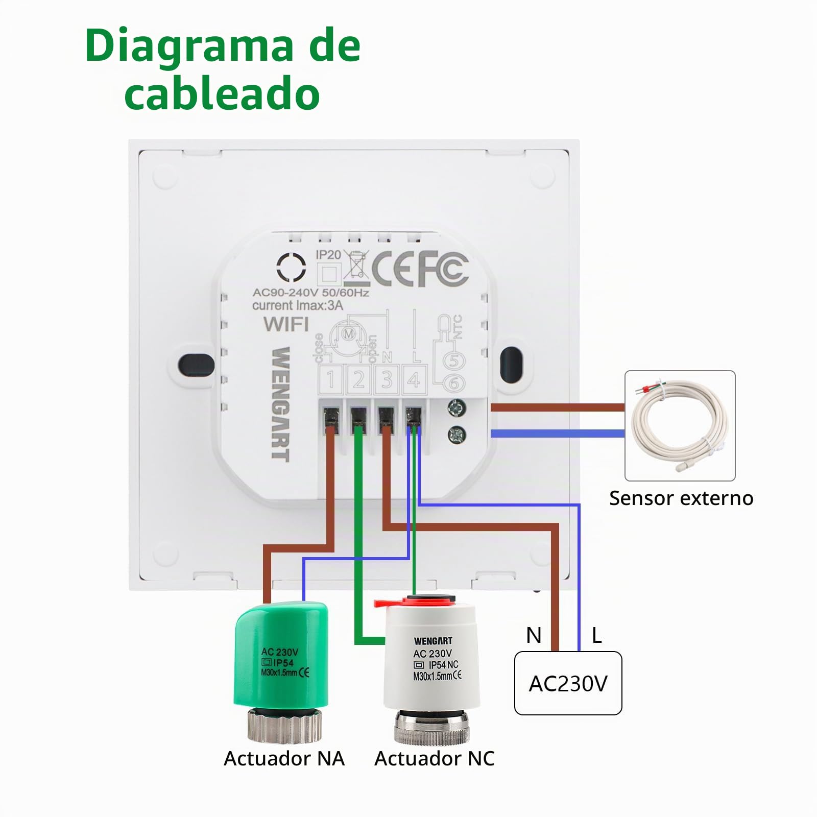 Wengart Termostato Inteligente WiFi WG12 para Suelo Radiante por Agua,230V 3A,Modos Frío/Calor (Aerotermia), Detección de Ventana Abierta,Compatible con Alexa y Google Home,Apto para Caja Redonda 60mm