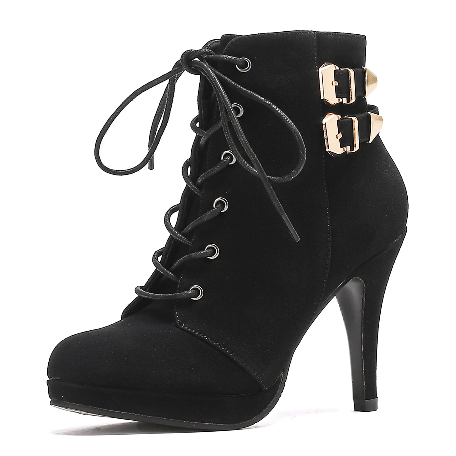 getmorebeauty Womens Platform Ankle Boots Block High Heels Lace up Metallic Buckle Round Toe Sexy Short Booties Dress