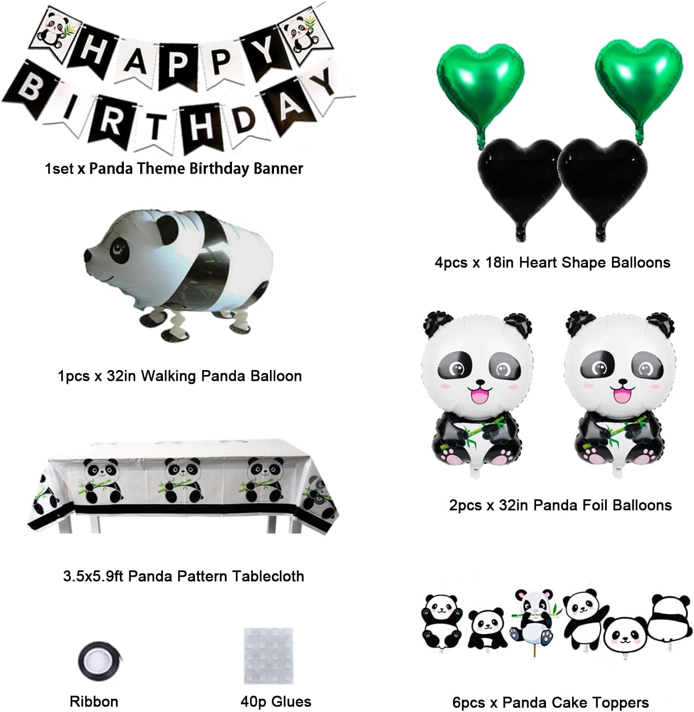 65Pcs Cute Panda Party Supplies - Panda Happy Birthday Banner, Balloons, Cupcake Toppers, Tablecloth & More for Kids & Adults - Image 2