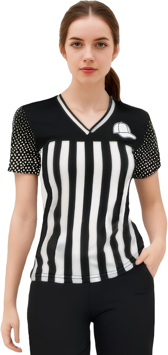 ChinFun Official Black & White Stripe Referee Shirt V Neck Collar Classic Umpire Jersey Short Sleeve Ref Jersey Women