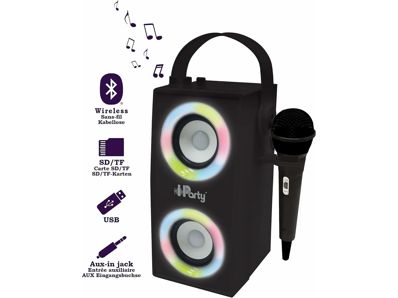 Lexibook Atavoz IParty Bluetooth Con Efectos Luminosos Y Micrófono | Altavoz Portátil Recargable Con Conexión USB, SD Y Auxiliar | Sonido Potente Y Karaoke Incluido