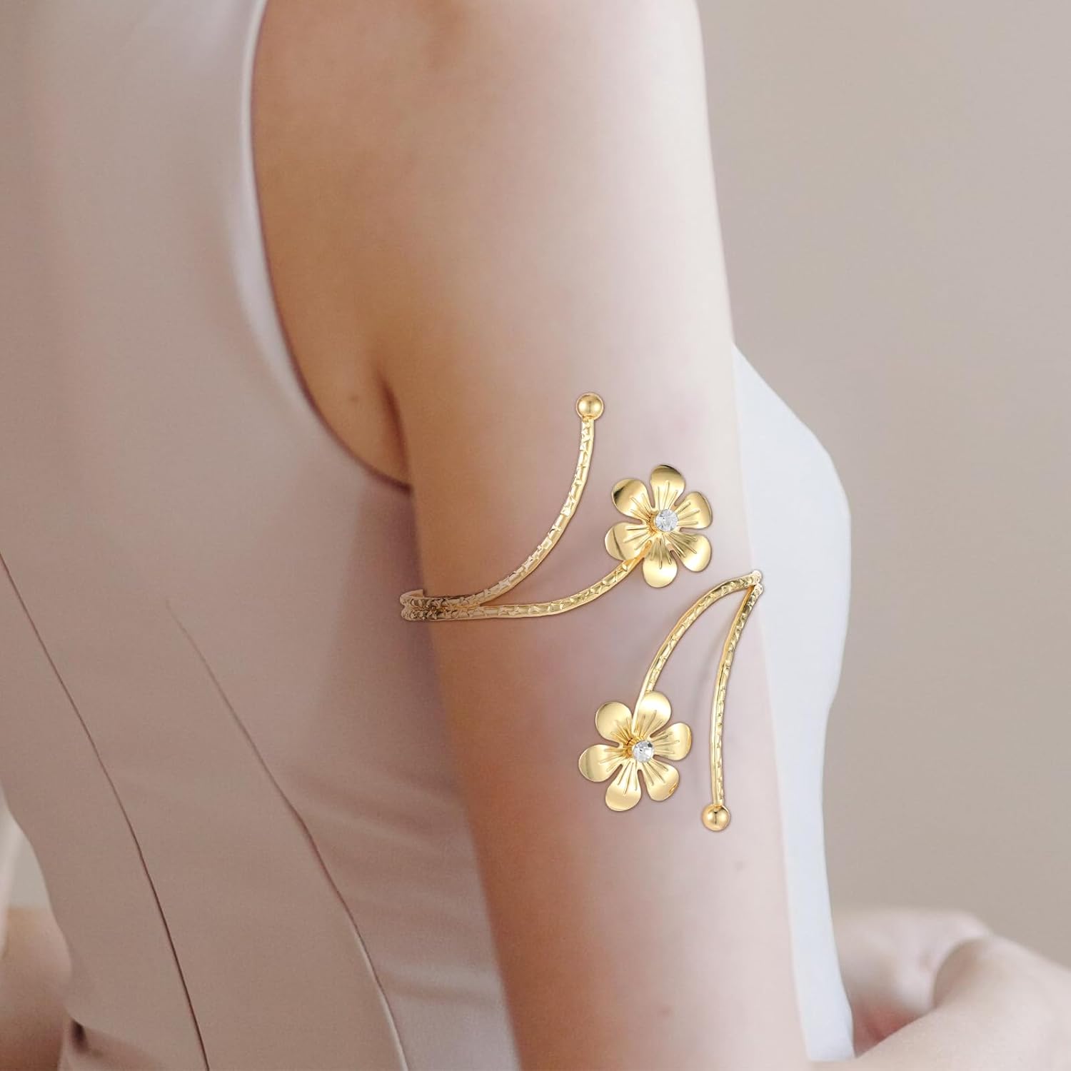 Gold Arm Cuff Rhinestone Flower Arm Bracelet Upper Arm Adjustable Coil Arms Bangle Boho Armband Friendship Gift for Women - Image 6