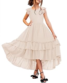 HOSIKA Girls Lace Boho Flower Girl Dress Ruffle Sleeve A-Line Formal Dresses for Wedding