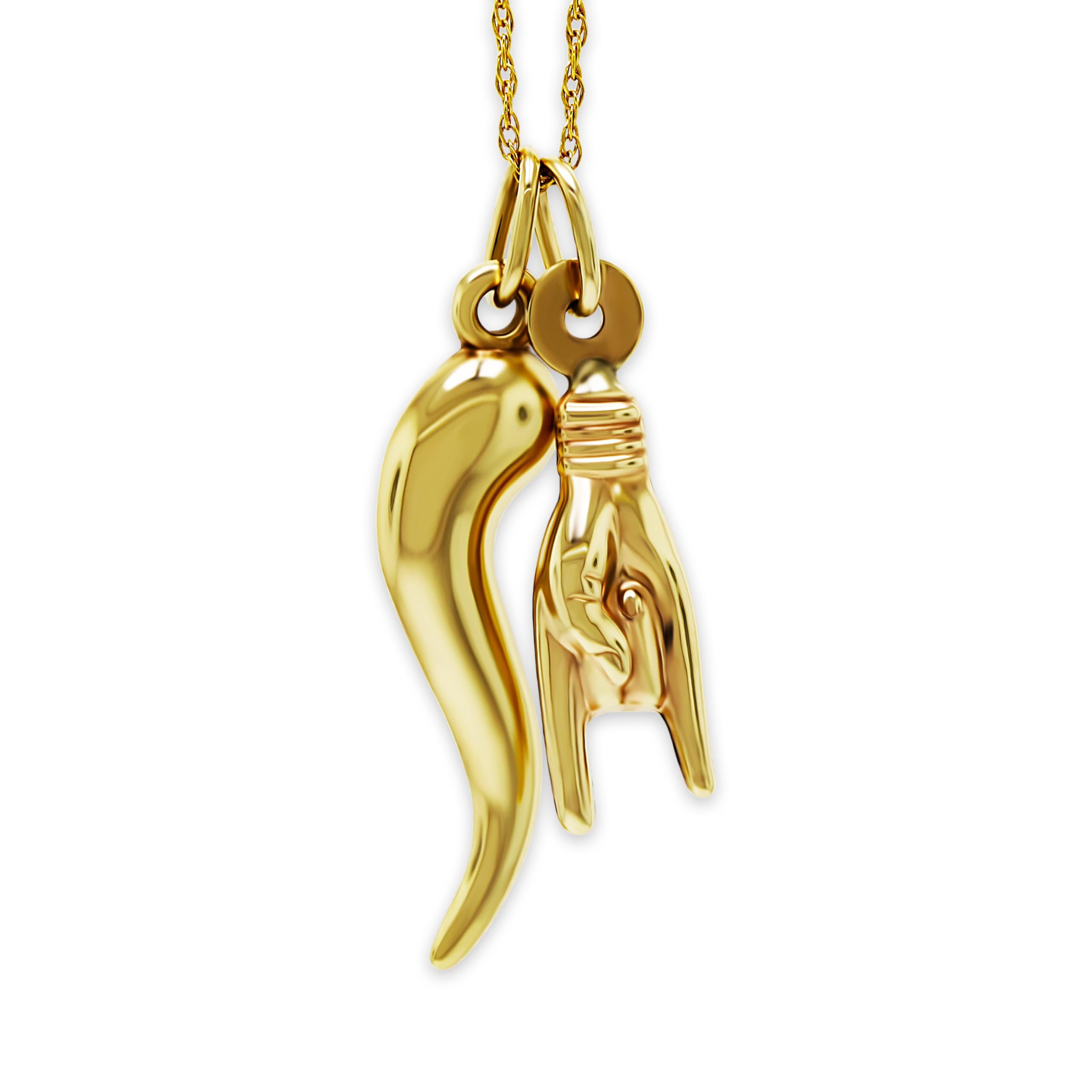 CA CHARMAMERICA Gold Italian Horn with Hand Sign Pendant - 10 Karat/14 Karat Gold - 3D Good Luck Hand Sign - Italian Mano Cornuto Hand Symbol - Cornicello Charm Pendant, No Chain - Pendants Only, Gold, No Gemstone