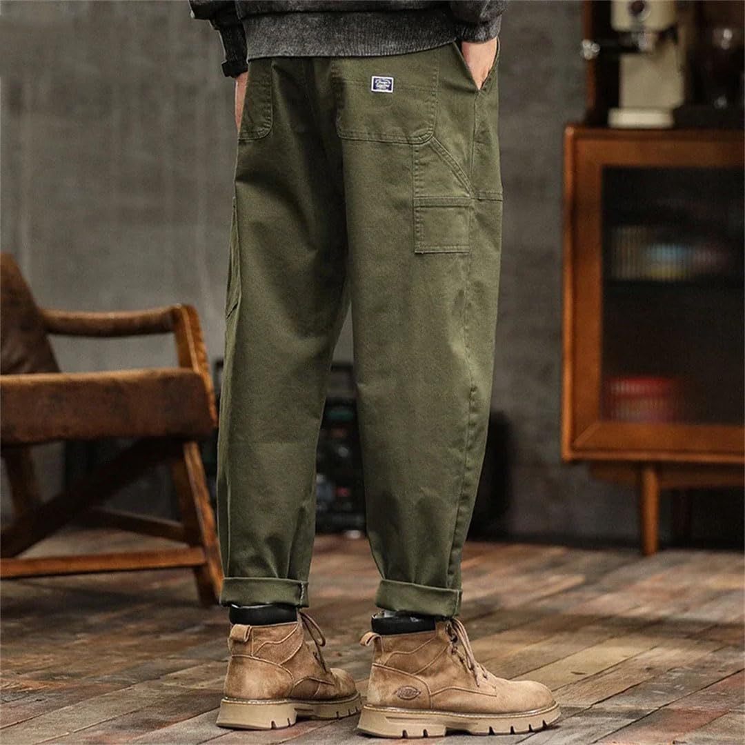 Pantaloni larghi da uomo, stile vintage, stile americano, a vita alta, EN8, pantaloni cargo