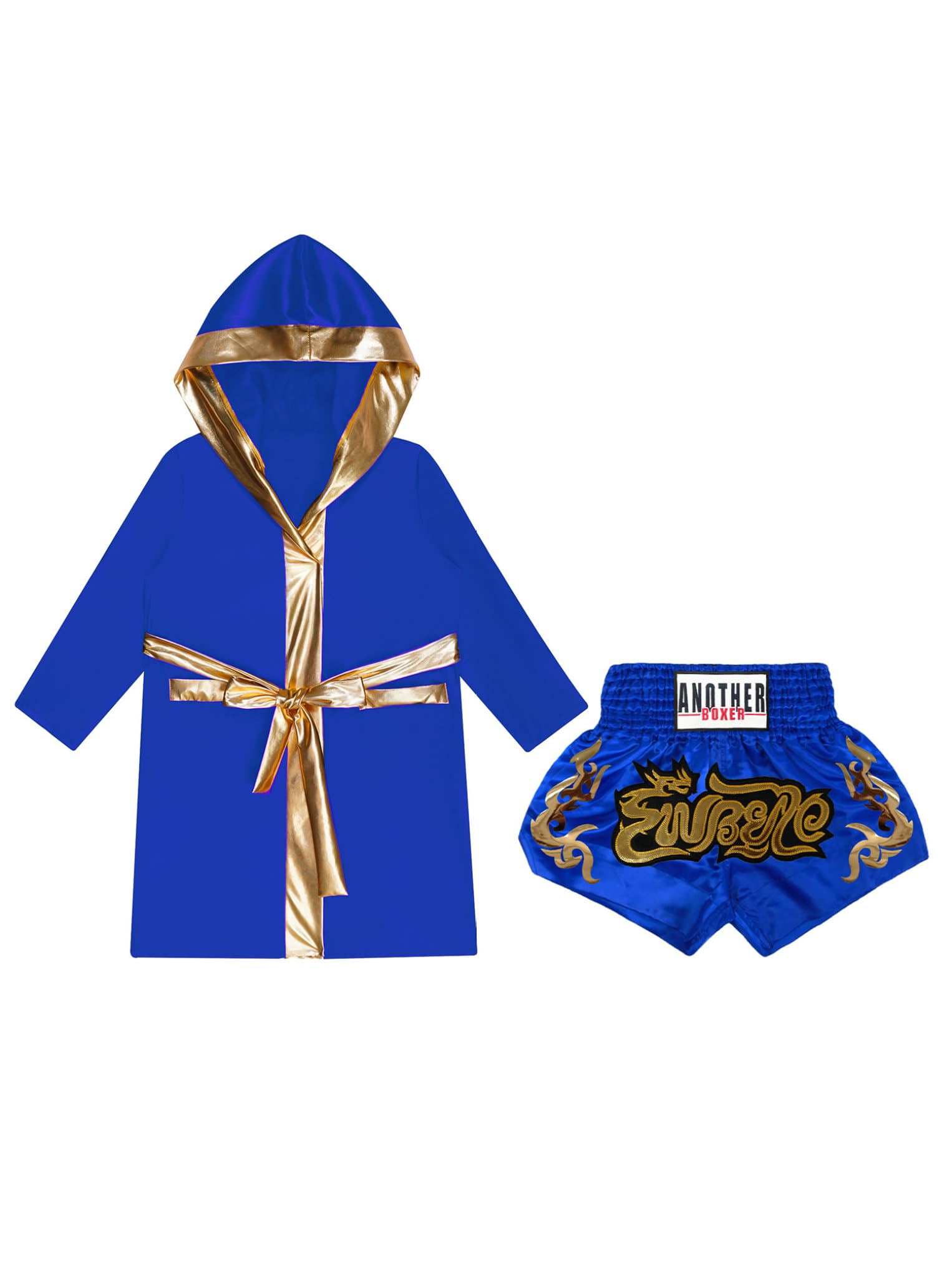 Oyolan Enfant Garçon Ensemble Short de Boxe Peignoir à Capuche Tenue Muay Thai Kick Boxing Bleu royal 11-12 ans