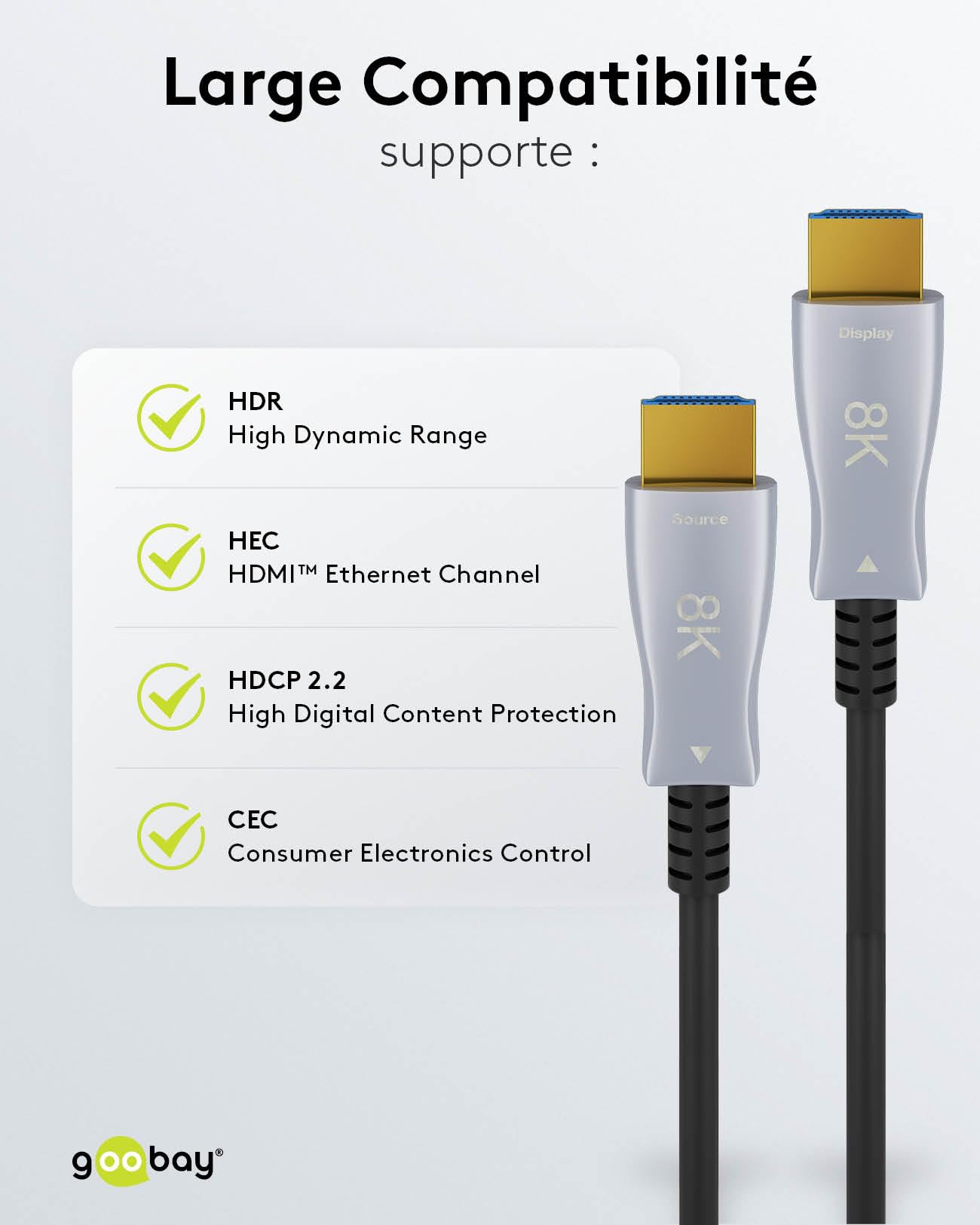 goobay 65558 Câble optique hybride ultra haute vitesse HDMI haute vitesse avec capacité 8K @ 60 Hz et 4K @ 120 Hz / 48 Gbps, ARC (canal de retour audio), HDCP / 10 mètres