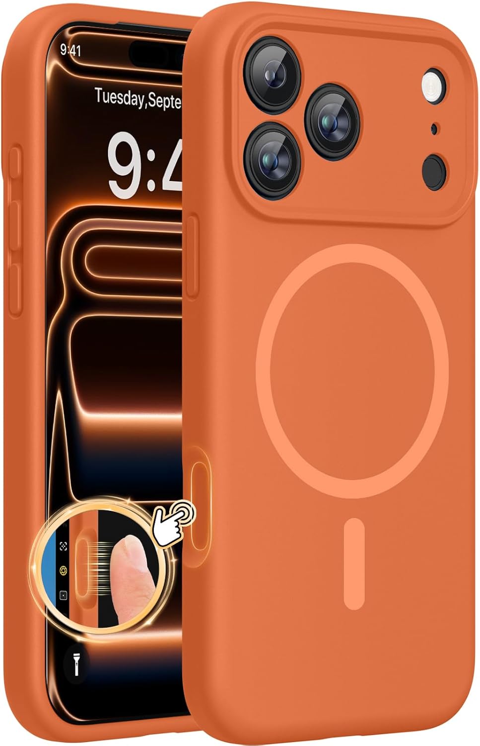 Miracase Magnetic for 17 Pro Max Case, Compatible with MagSafe, Integrated Silicone Camera Control Cover, 3.0mm Thicken Shockproof Drop Protection Phone Case for 17 ProMax, Orange Orange iPhone 17 Pro Max