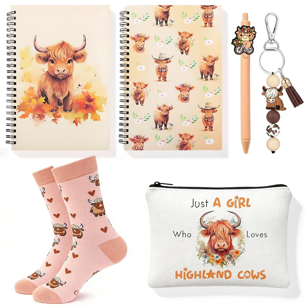 Cygmrfh Women's Light Pink 6Pcs Highland Cow Gifts Set Highland Cattle Notebook Pen Cotton Socks Keyring Keychain With Makeup Bag Gift For Who Love Scottish Cows Cute Animal Gift For Birthday Graduation