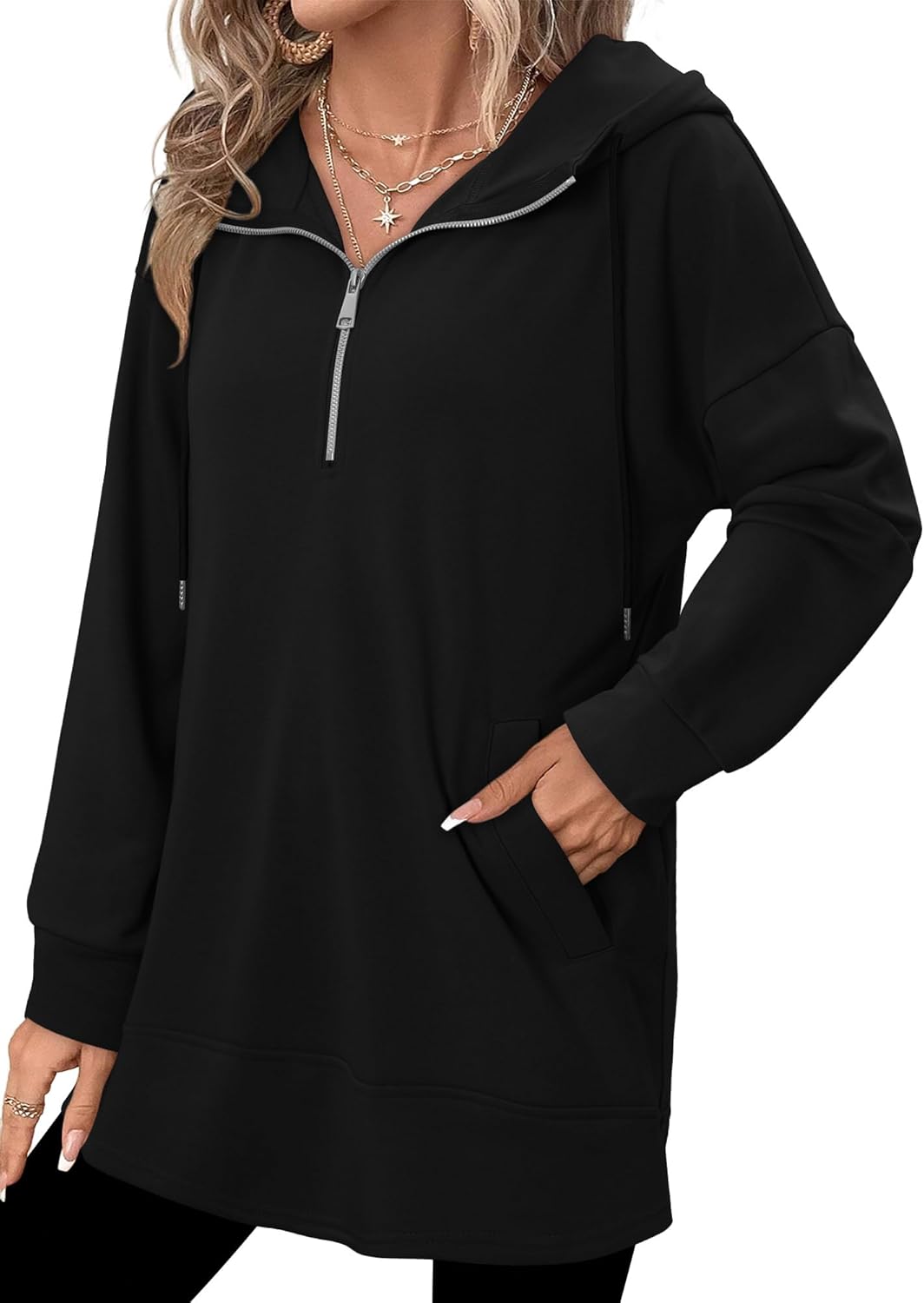 onlypuff Women Hoodie Pullover Trendy Quarter Zipper Lapel Sweatshirts Drawstring Cute Hooded Tunic Tops with Side Pockets - Image 4