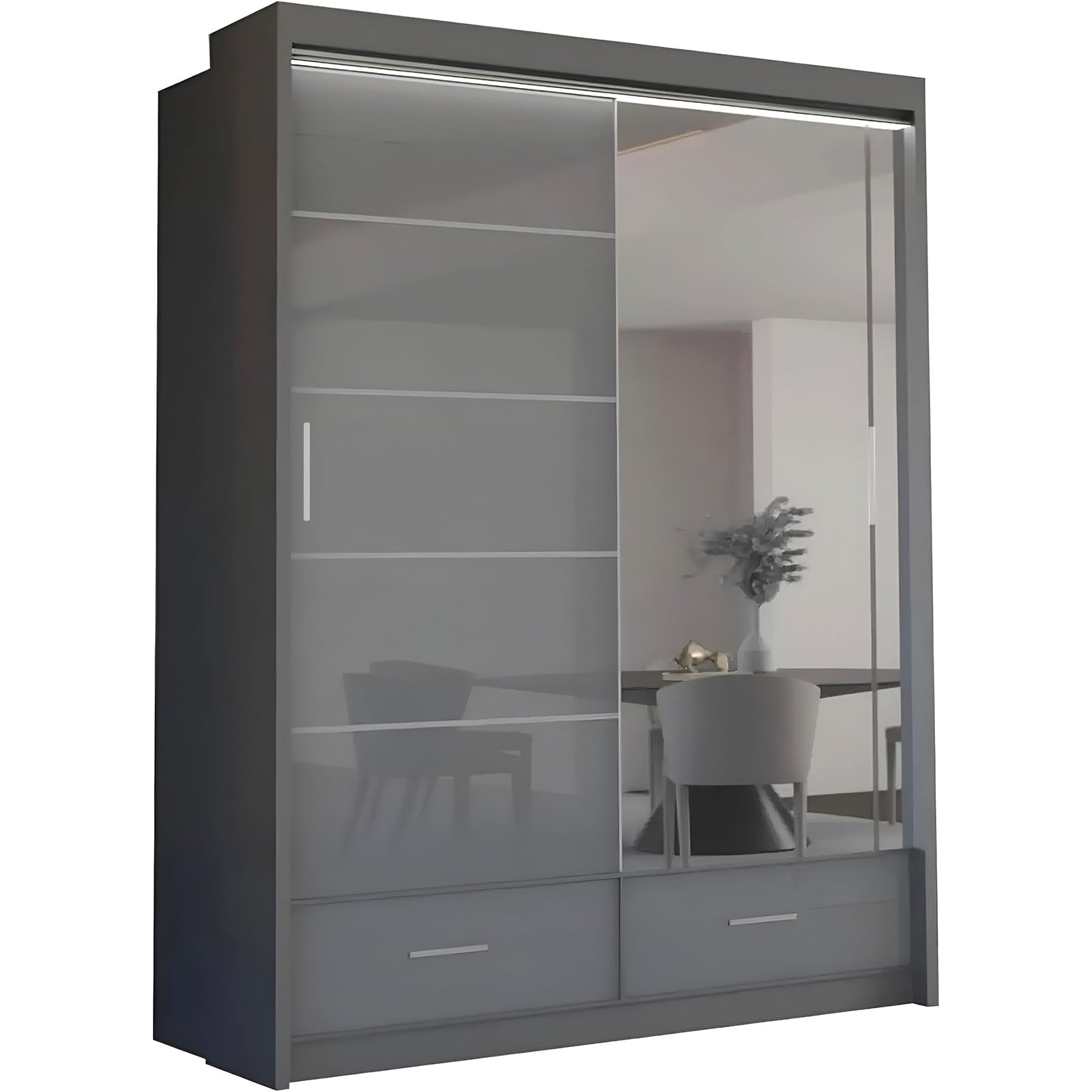 MN Furniture Derry High Gloss & Mirror Sliding Doors Wardrobe with Long Led Light and Bottom Drawers (Grey, 150cm)