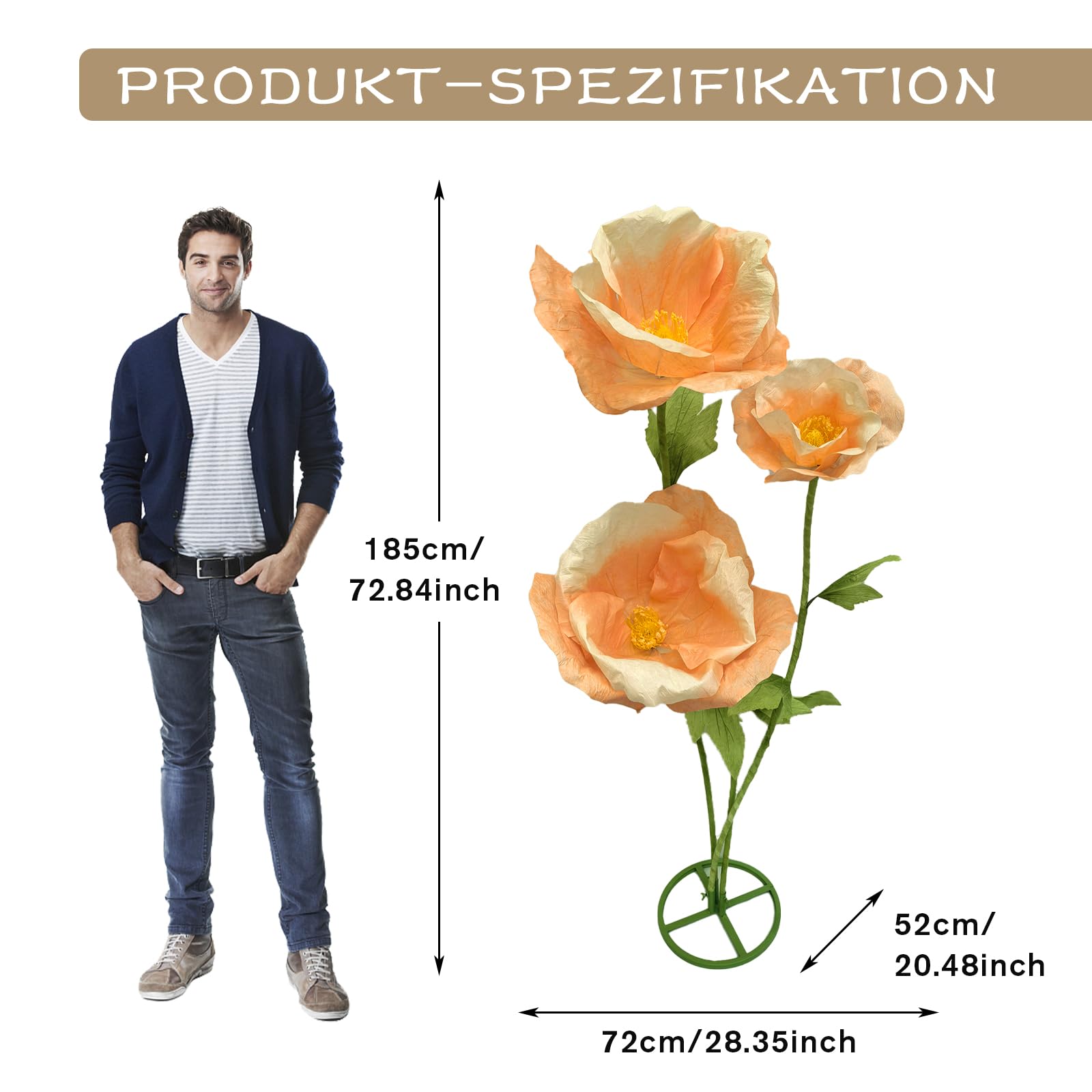 lifemet Champagner Gold Giant Flower 3 Stück künstliche Blumen Set 60-80 Zoll wasserdicht umweltfreundlich langlebig Nicht verblassen einfache Wartung 3D Blumenschmuck für Haus Hochzeit Party Garten