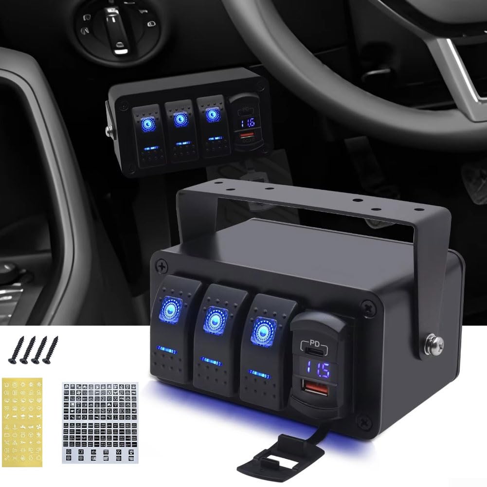 Pannello interruttore universale a 3 marce, 12 V/24 V, con voltmetro e funzione di ricarica rapida, IP65, resistente alle intemperie, per camper, camion, robusto alloggiamento in alluminio e nylon con