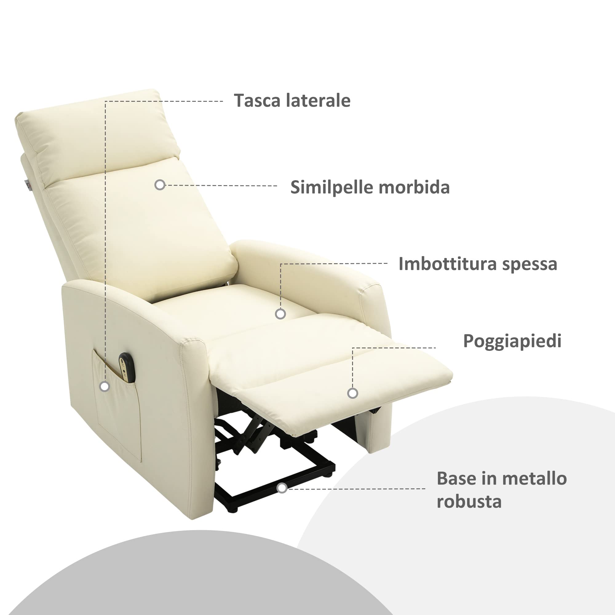 HOMCOM Poltrona Elettrica Alzapersona 45° 67x95x105 cm Crema | Reclinabile a 145° in Pelle PU, Poltrona Relax Elettrica, Poggiapiedi, Telecomando