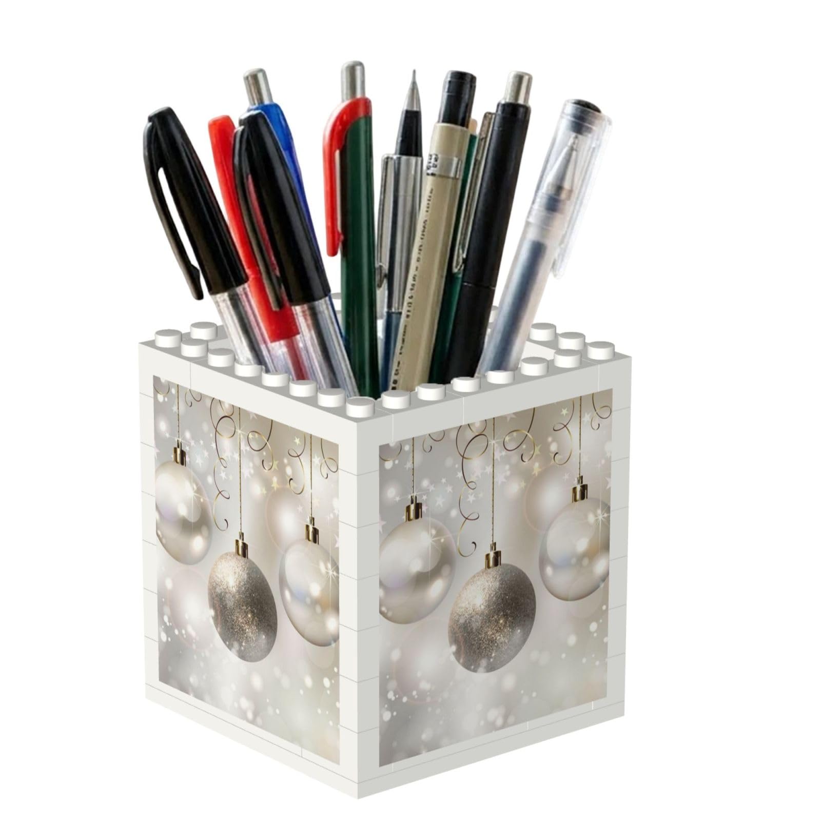 Poadnly Silver Xmas Balls Printed, Pen Pot Pencil Holder for Office Home School, Compact Desk Organiser for Office Stationery