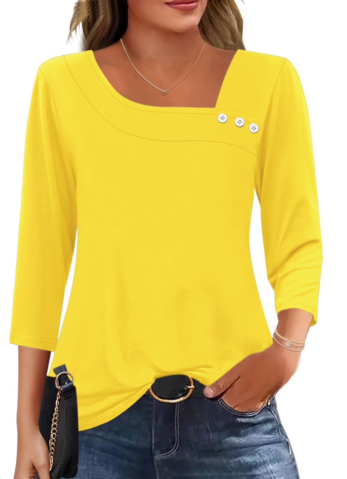 LOMON Womens 3/4 Length Sleeve T Shirts Asymmetrical Neck Tops Business Blouses for Women Fashion 2026