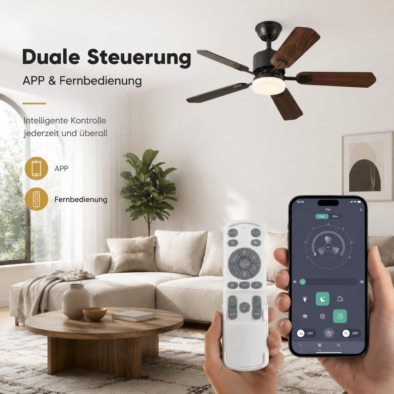 DATO Deckenventilator mit Beleuchtung und Fernbedienung,108 cm,5 Holzflügel,3 Farbtemperaturen,Timer,für Schlafzimmer und Wohnzimmer (Schwarz, 108 cm)