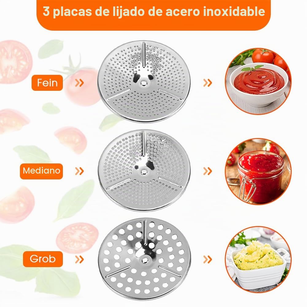 Molinillo de alimentos de acero inoxidable, prensa de patatas con 3 placas de trituración intercambiables, trituradora manual de alimentos, molinillo de cocina para macerar, tamizar frutas