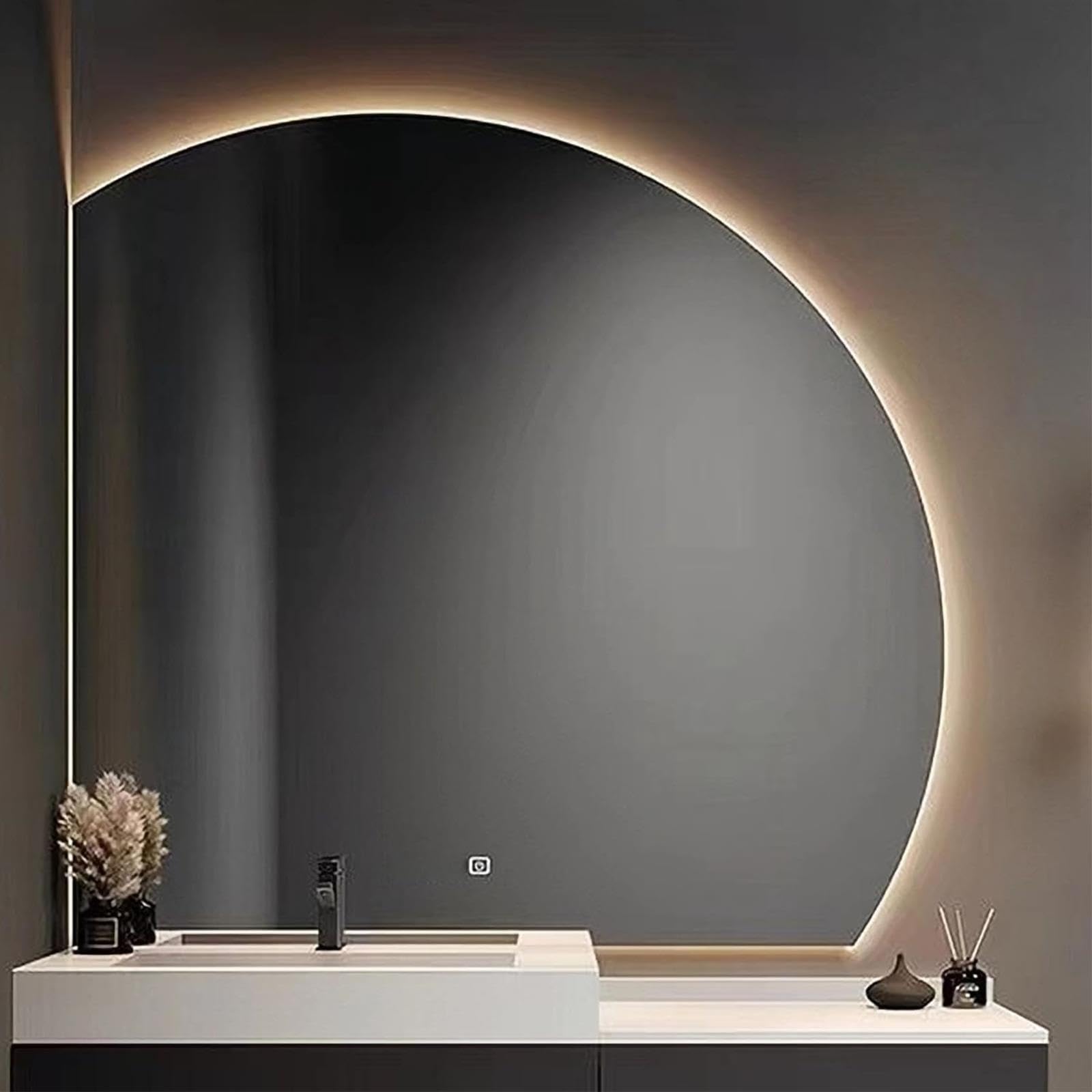 WQZzjm LED Lighted HalfCircle Bathroom Mirror, eless WallMounted Vanity Mirror with Smart Touch Control, Continuous 3Color Dimming, 70CM Left Undercut (Left Undercut 70CM)