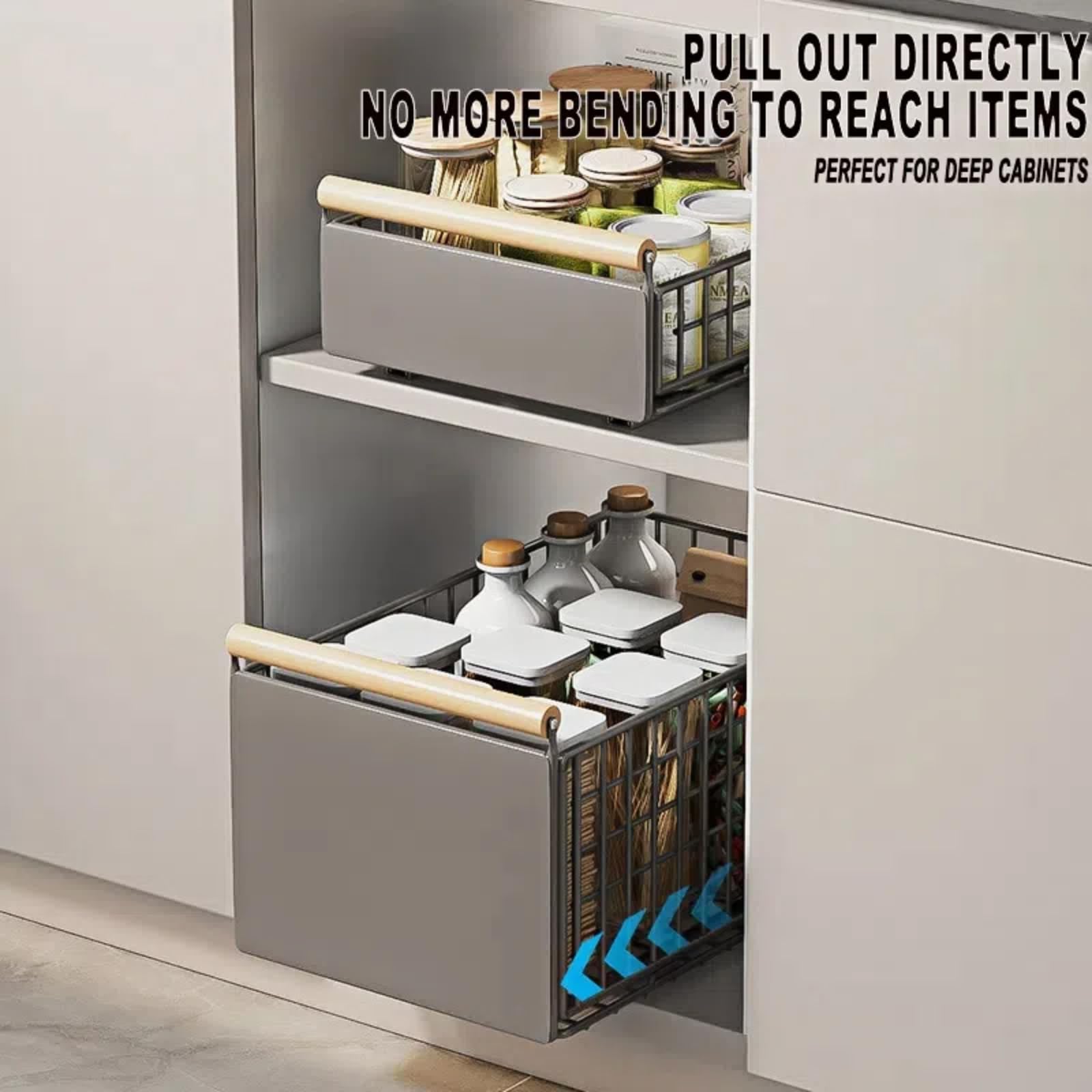 Cassetto Estraibile Telescopico per Mobile da Cucina – Organizer Senza Foratura con Manico in Legno Guide Scorrevoli e Nastro Adesivo – 39,5×23,5×19,5 cm per Detergenti Padelle Spezie
