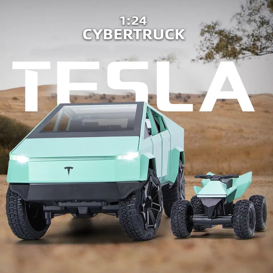 Image of VARIYA ENTERPRISE Exclusive Alloy Metal Pull Back Die-Cast Car Diecast Metal Pullback Toy Car with Openable 6 Doors,Light Music Boys Gifts Toys (1:24 Tesla Cybertruck-Green Color)