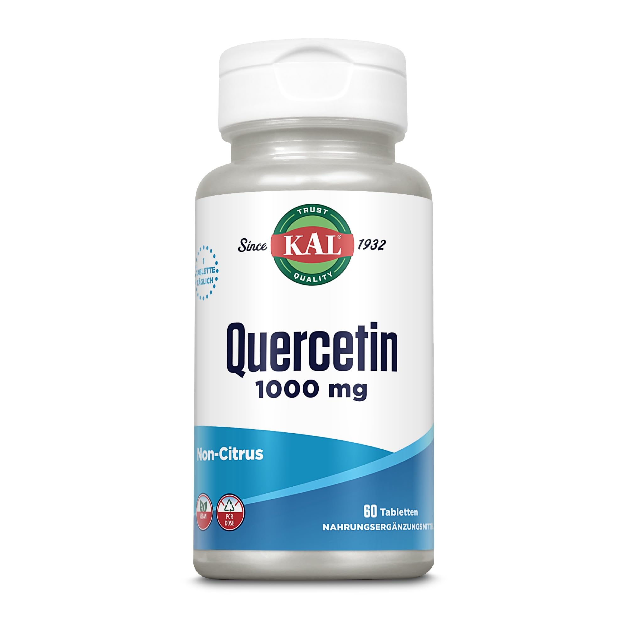 KAL Quercetin | 1000mg | 60 Tabletten | vegan | glutenfrei | ohne Gentechnik | laborgeprüft | Nahrungsergänzungsmittel mit Bioflavonoiden | Verbesserung der Aufnahme & Verweildauer von Vitamin C