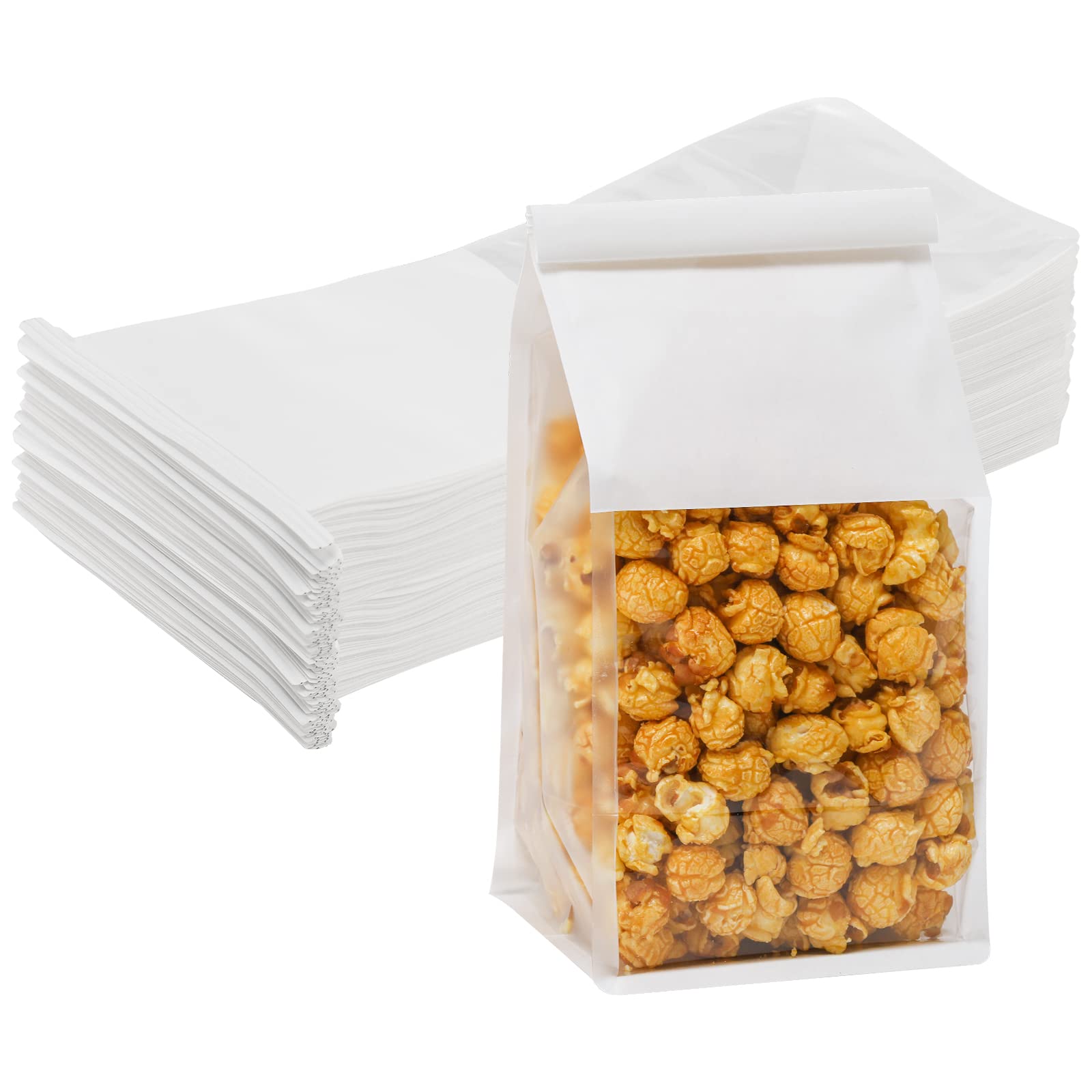 Paquete de 50 bolsas de papel kraft blancas con ventana, bolsas de bloqueo de estaño para productos horneados, recuerdos de boda y más 8