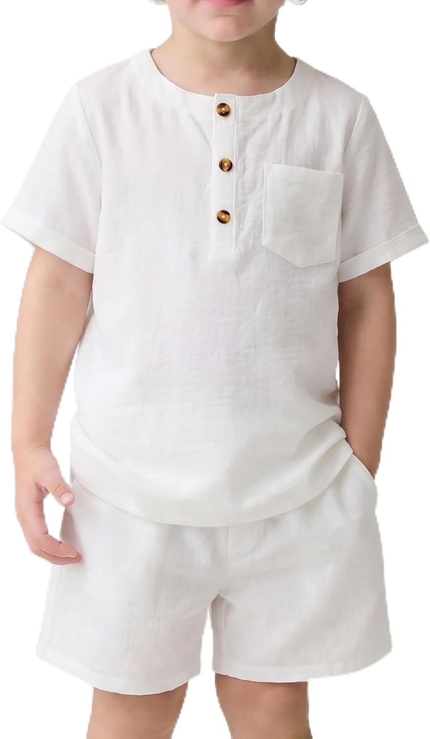 Arshiner Toddler Boy Summer Outfits Short Sleeve Henley T-Shirt & Shorts Set with Pocket for 2-8 Years Kids