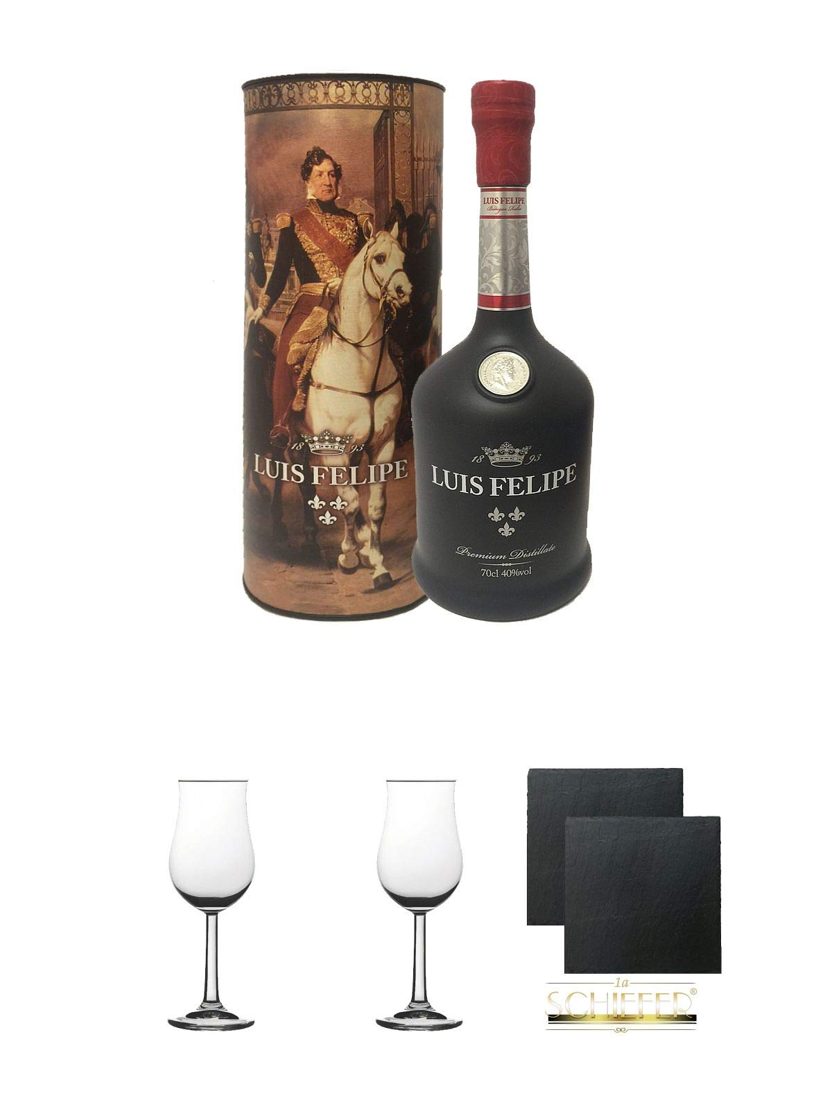 Luis Felipe Gran Reserva 60 Jahre Brandy 0,7 Liter + 2 Bugatti Nosing Gläser mit Eichstrich 2cl und 4cl + 2 Schiefer Glasuntersetzer eckig ca. 9,5 cm Ø