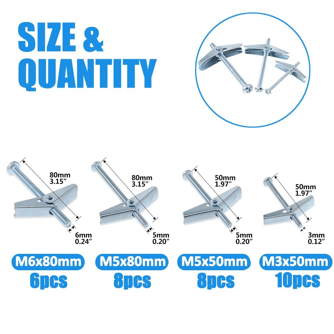 TOP-VIGOR 32Pcs Plasterboard Fixings, M3/M5/M6 Wing Spring Toggle Bolts and Drywall Screws, Hollow Anchors Kit - Image 2