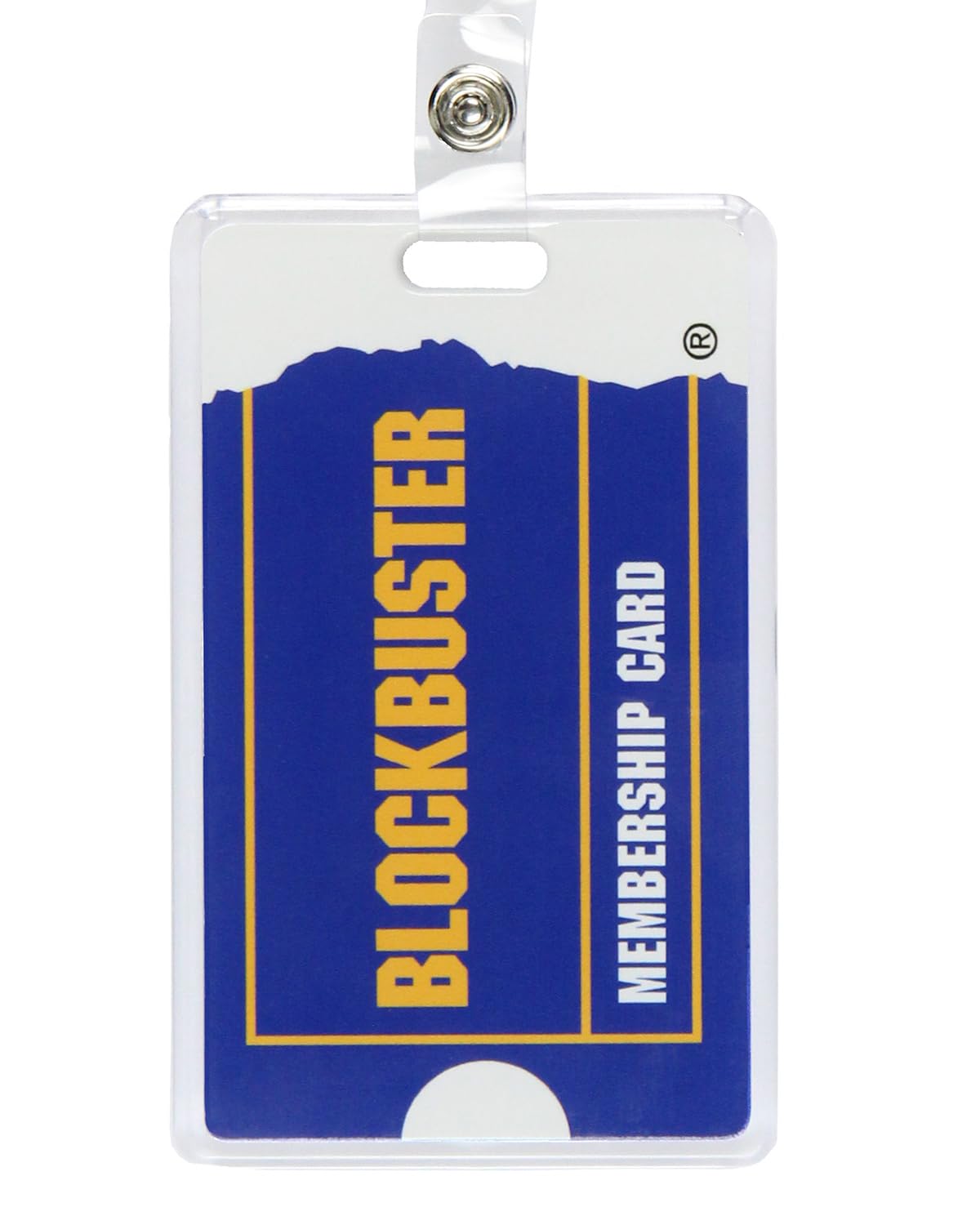 Blockbuster - Porta badge in gomma con cordino retrattile e chiusura a moschettone