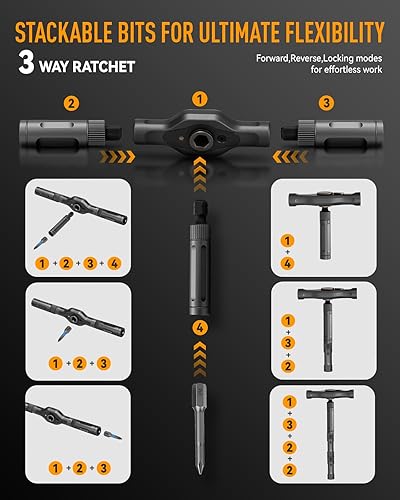 Miniatura 2 de Juego de destornilladores de trinquete magnéticos, 42 + 1 destornillador de trinquete con mango en T con múltiples puntas de acero S2, juego de
