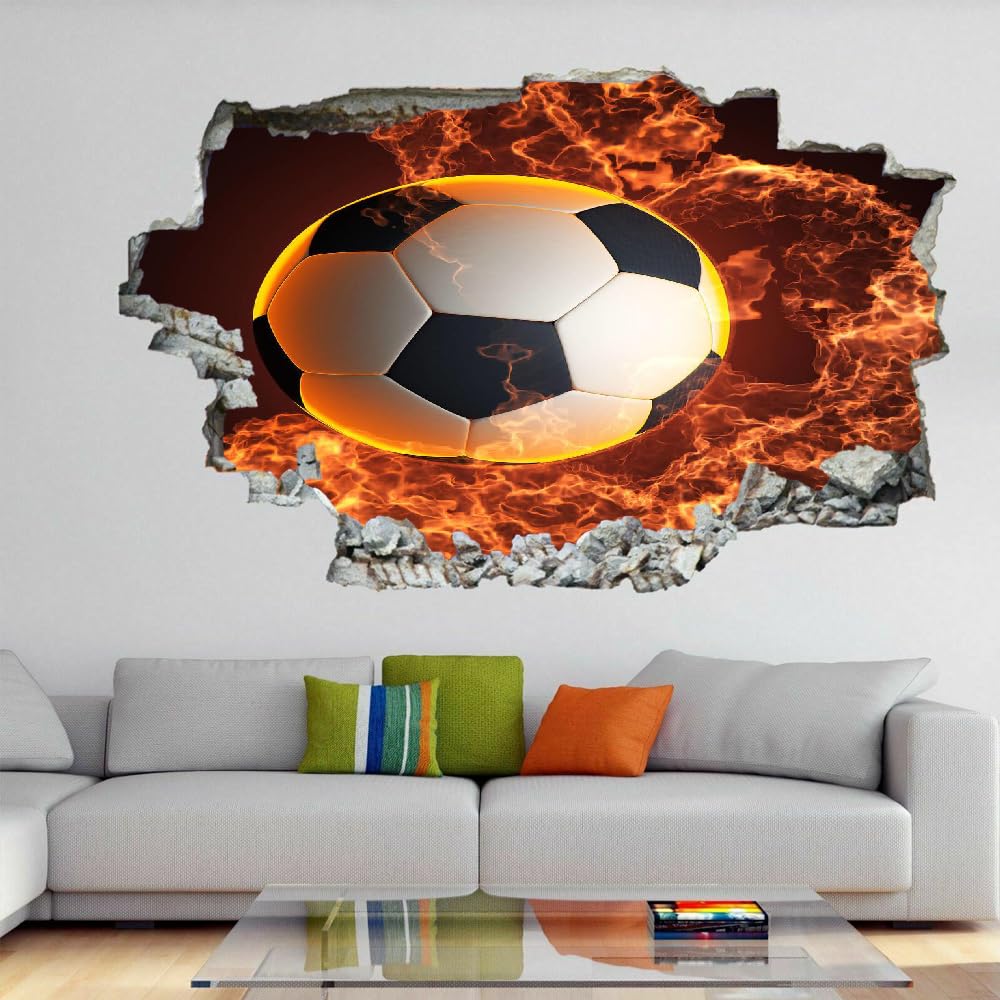 Decalcomanie Da Muro 3D Smashed Art Decor Calcio Tatuaggi Da Parete Wall Stickers Fiamma Rossa Per Ragazze Bambini Adesivo Murale Regalo Per La Casa 120x80cm