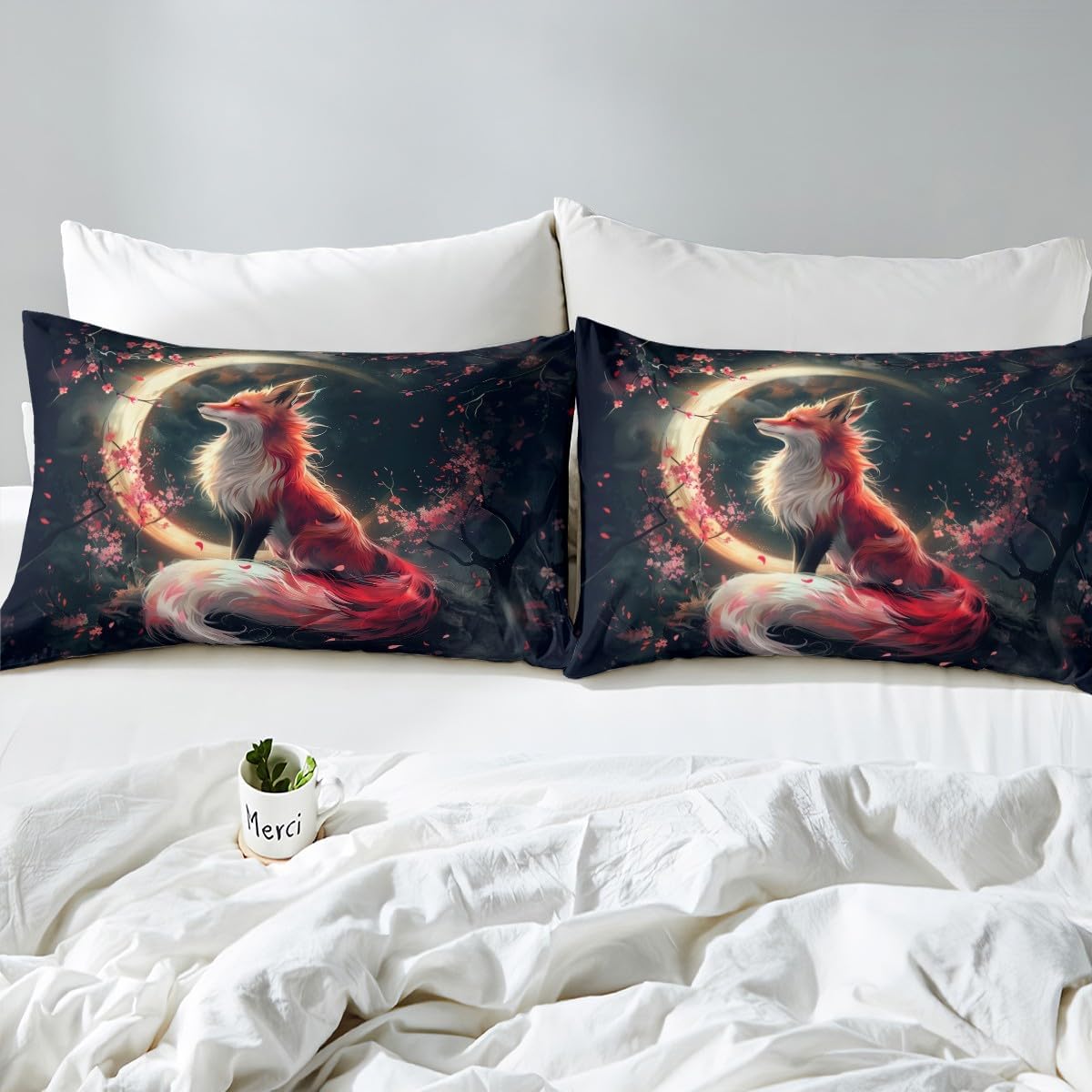 Exotic Fox Fitted Sheet Queen for Boys Kids Teens Bedroom,Traditional Japanese Cherry Blossom Bedding Set(No Top Sheet),Boho Wildlife Bed Sheet,Gothic Moon Sky Bed Cover,2 Pillowcases