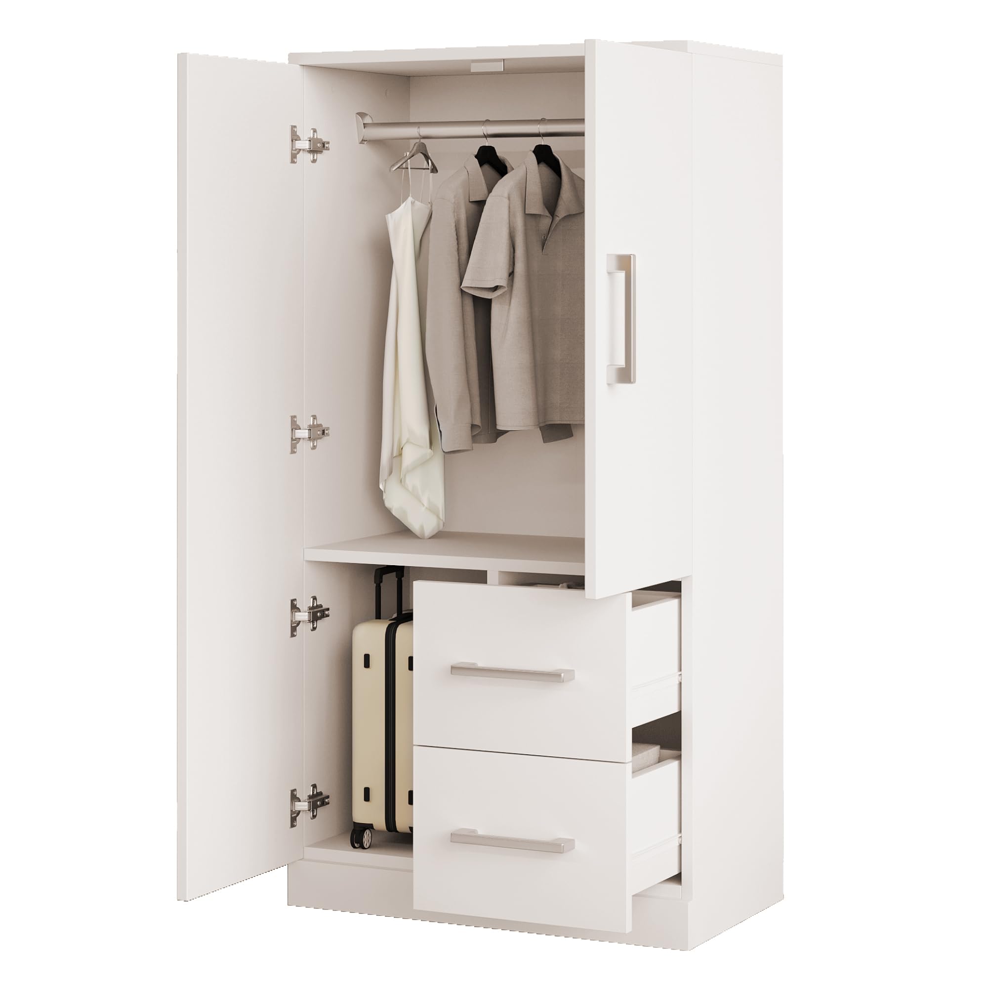 Armario 70 x 40 x 135 cm, diseño de doble puerta con cajones y compartimentos de almacenamiento, armario infantil, armario individual, color blanco