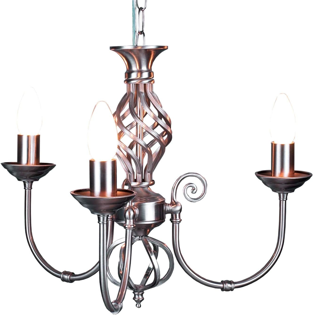 Classic 3 Way Barley Knot Twist Multi Arm Ceiling Light Fitting in Satin Chrome Finish - LED Compatible
