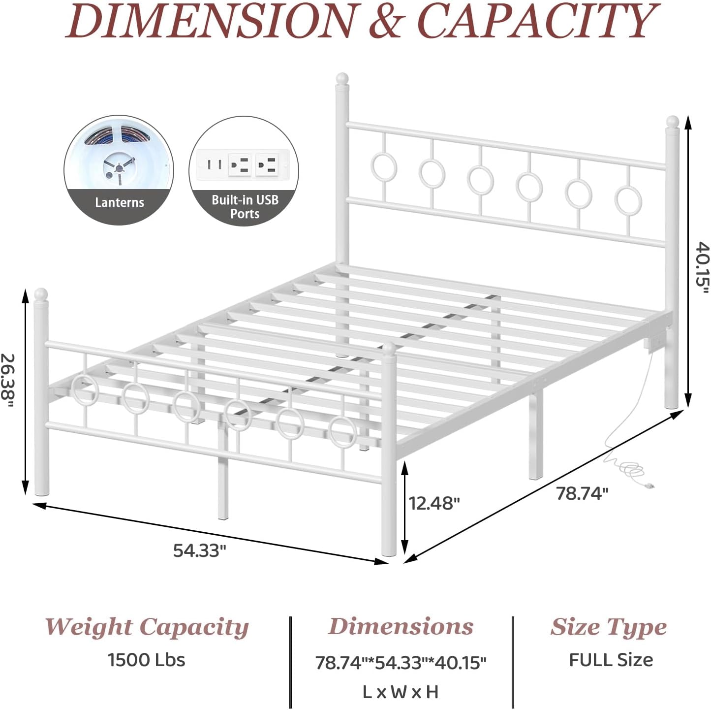 Jenmit Full Size Bed Frame with Headboard, Metal Platform Bed Frame with Charging Station & LED Lights, Storage Space Under Bed, No Box Spring Needed, Noise Free, Easy Assembly, White