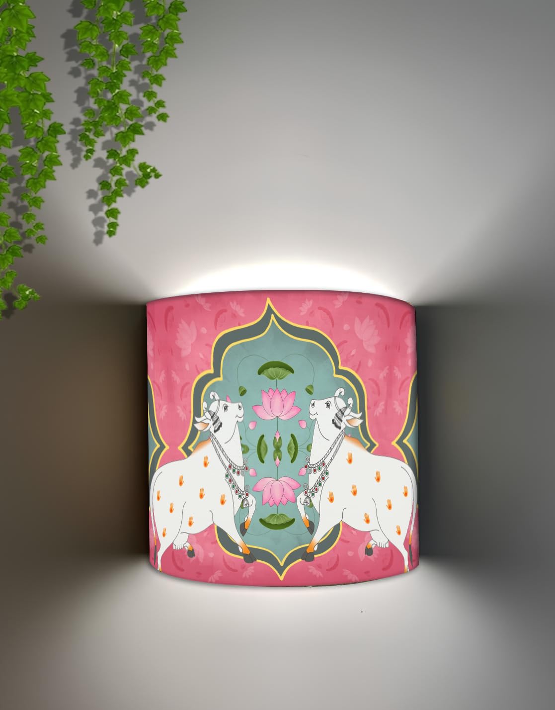 DEC ABODE Wall Lamp Shade, Pichwai Designer Wall Mounted Half Lamp Shade for Bedroom, Bedside Lamp Sconces with Holder & Fitting (Pichwai Cow) (Pink)