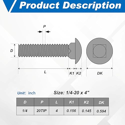 Miniatura 168 de Zonon Juego de 50 tornillos y tuercas de acero inoxidable de 1/4-20 x 3 pulgadas, cabeza redonda, cuello cuadrado, tornillos y tuercas hexagonales
