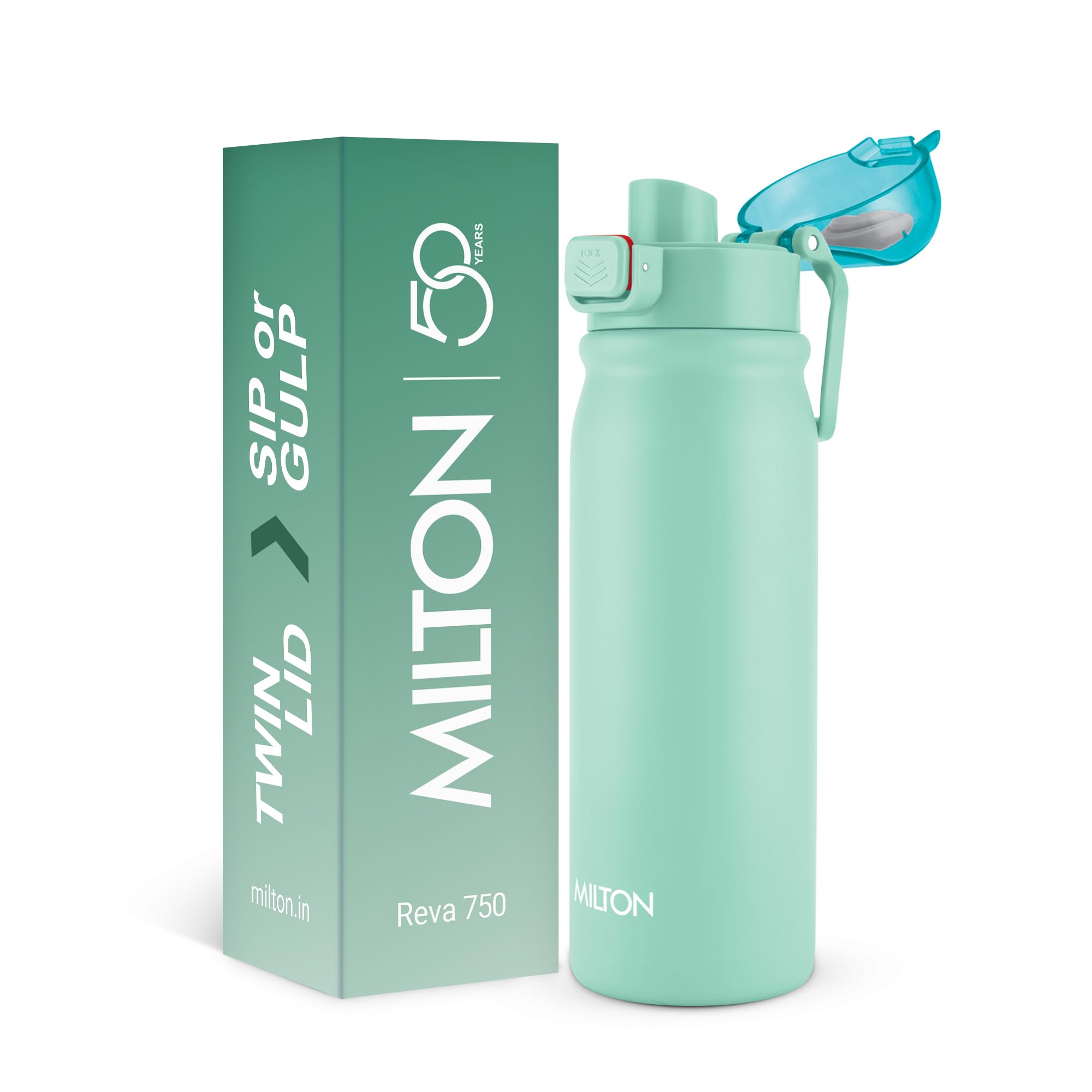 MILTON Reva 750 ISI Certified Stainless Steel Water Bottle with Twin Lid Sip or Gulp, 750ml | Single Wall, BPA-Free, Leakproof | Sturdy Handle | Ideal for Home, Office, Gym & Travel, Aqua Green