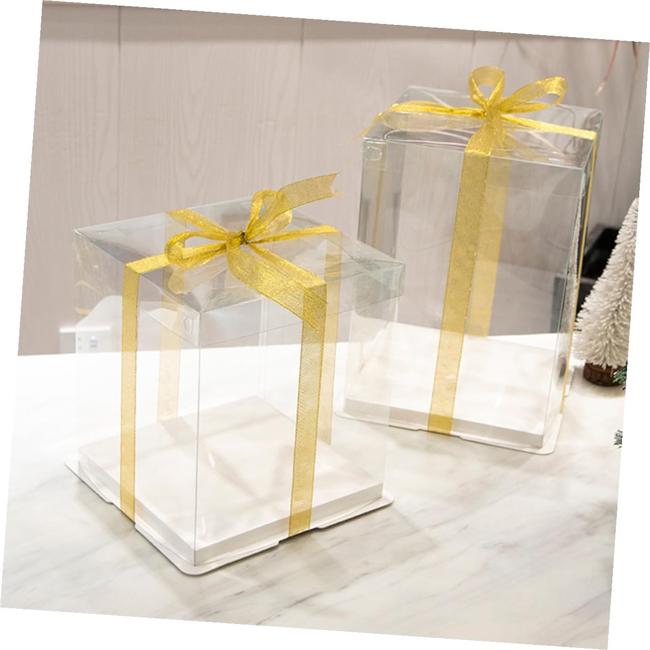 8-inch Square Cake Carrier Box Set of 5, Double-layer Food-grade Plastic Dessert Packing Container with Ribbon for Birthday and Party Cake Storage