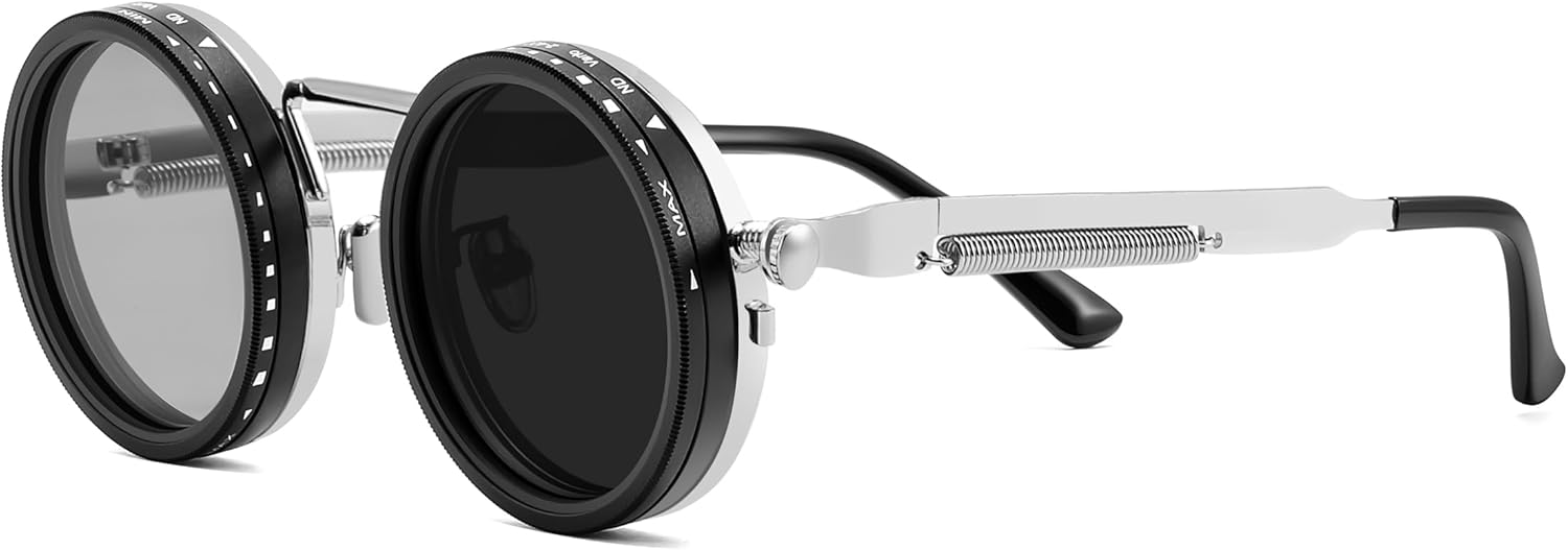 FEISEDY Adjustable Tint Sunglasses Polarized Men, 1-9 Gear Manual Dimming, Steampunk Round Metal Frame UV400 ND Filter B1400