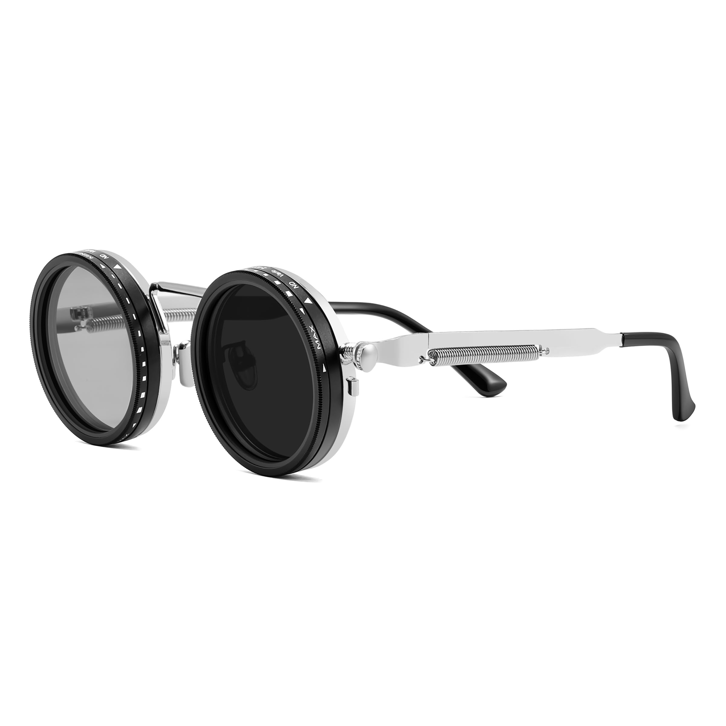 Adjustable Tint Sunglasses Polarized Men, 1-9 Gear Manual Dimming, Steampunk Round Metal Frame UV400 ND Filter B1400-image-42