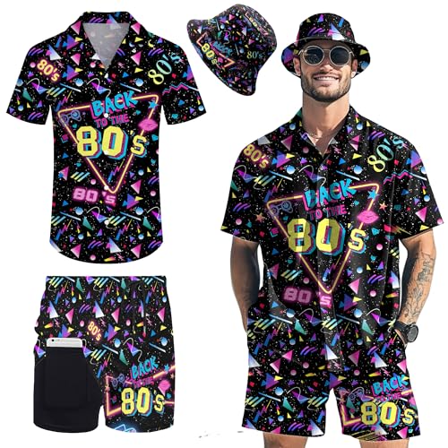 Men's 2 piece 80s 90s rave outfits for Men Hawaiian Shirts with a Bucket Hat