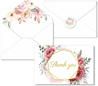 Gold Foil Floral Thank You Cards Bulk 24 Pack 4X6" Boho Small Baby Shower Thank You Cards With Envelopes Flower Stickers Boy Girl Blank Elegant Wedding Thank You Cards Pink Notes Holiday Bridal