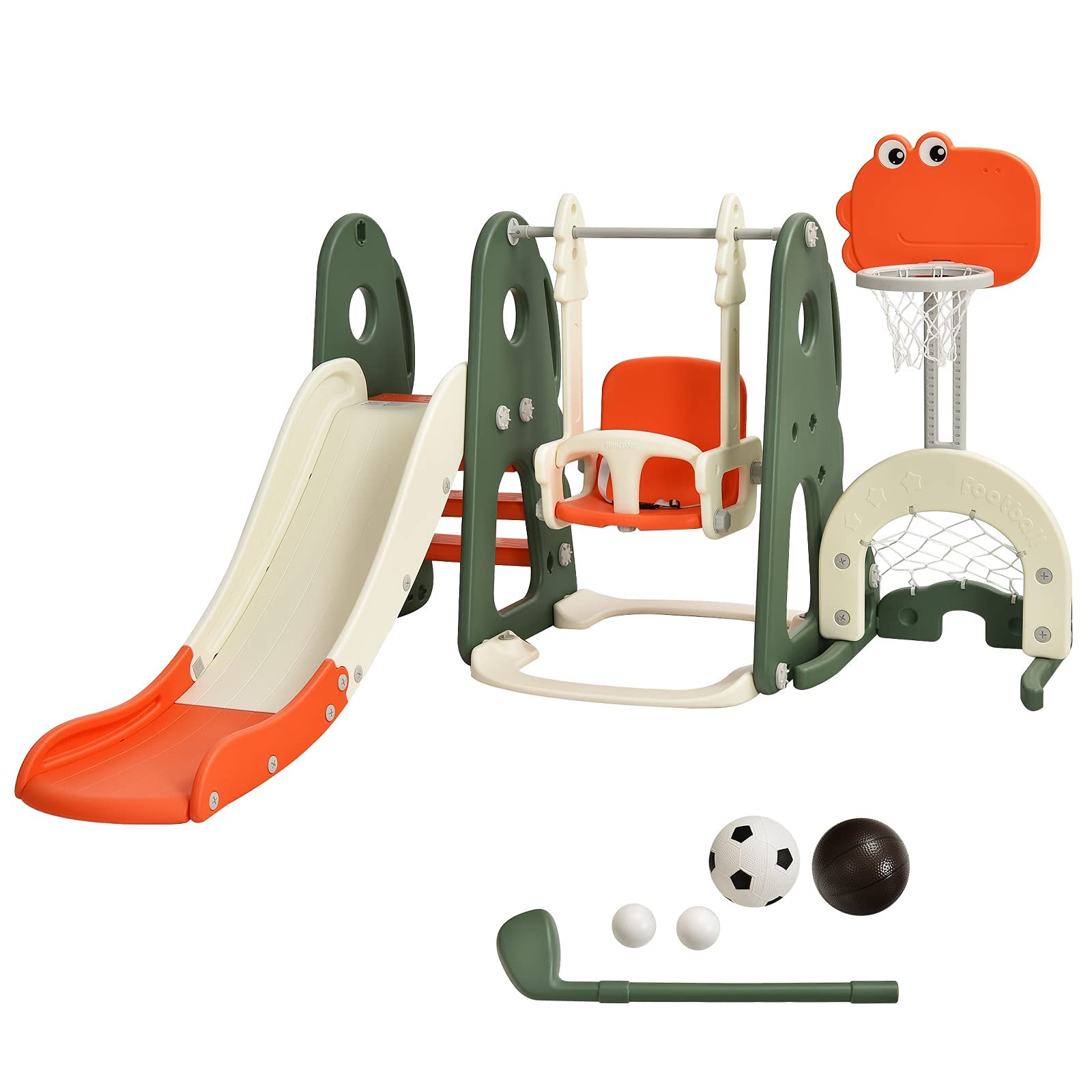 FANTASK Toddler Climbing and Swing Set, Kids Slide, 6 in 1 Set, Slide, Swing, Basketball Basket, Ladder, Soccer Goal and Golf Hole