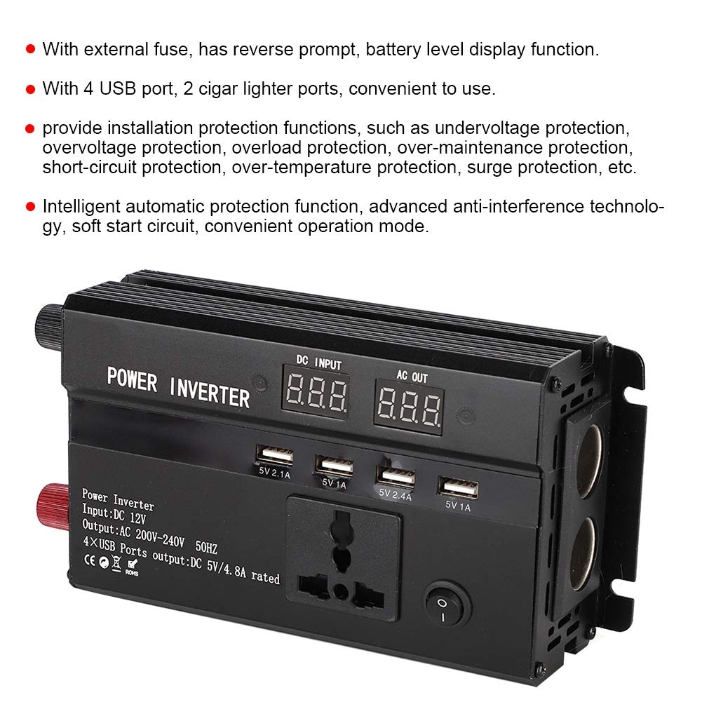 Onduleur de Voiture Aramox, Convertisseur D'onduleur de Voiture 3000W 12V à 220V avec écran LCD Ports Allume-Cigare